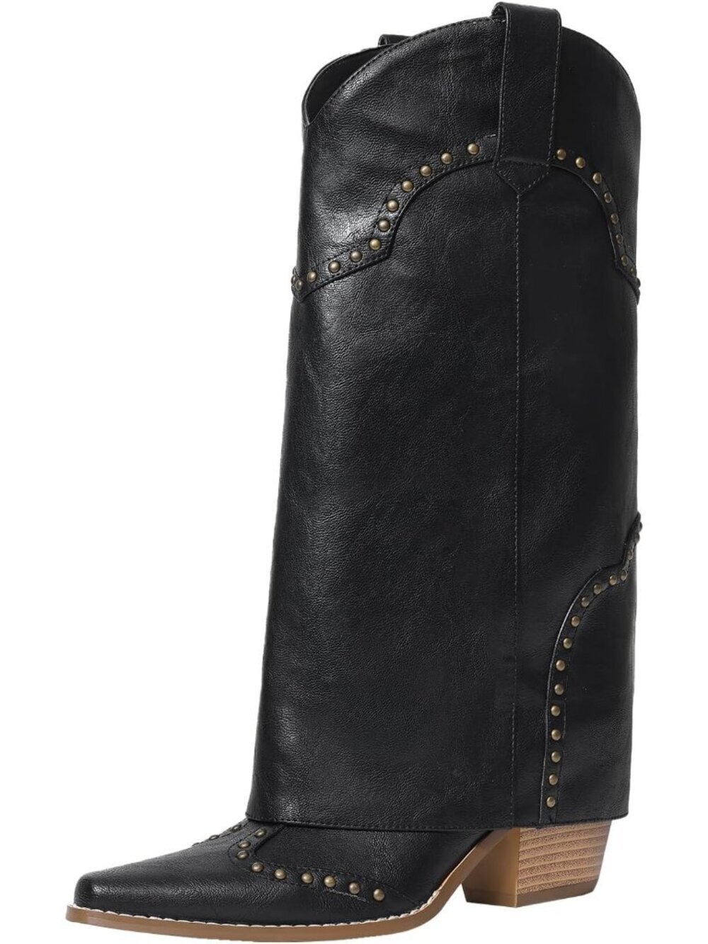 Women's Black Shark Boots Knee High Cowboy Cowgirl Fold Over Chunky Heel Boots